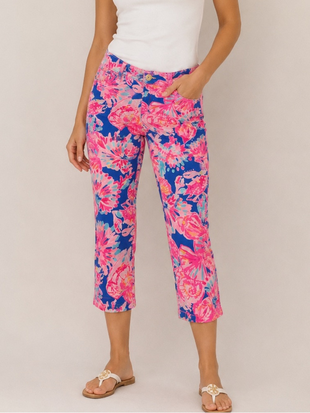 Lilly Pulitzer Floral crop ankle Pants Size 2 Neon pink blue Pockets Zip up